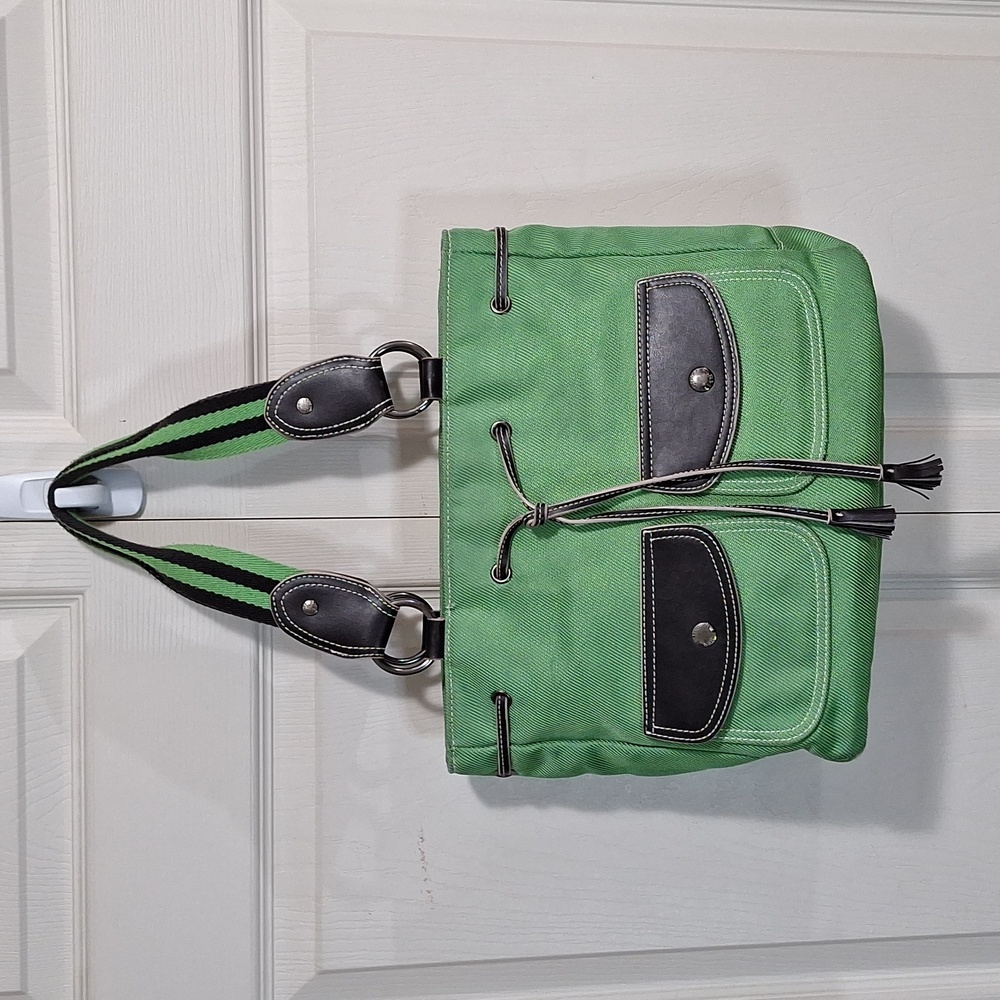 Vintage Tommy Hilfiger canvas handbag purse - green/brown leather - Picture 2 of 16